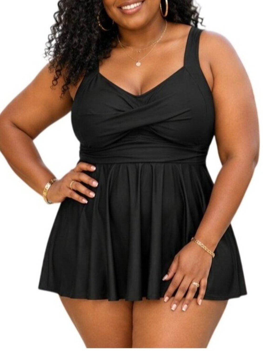 Tempt Me Plus Size 14W Swim Dress Skirted Black Adjustable Straps Ruching